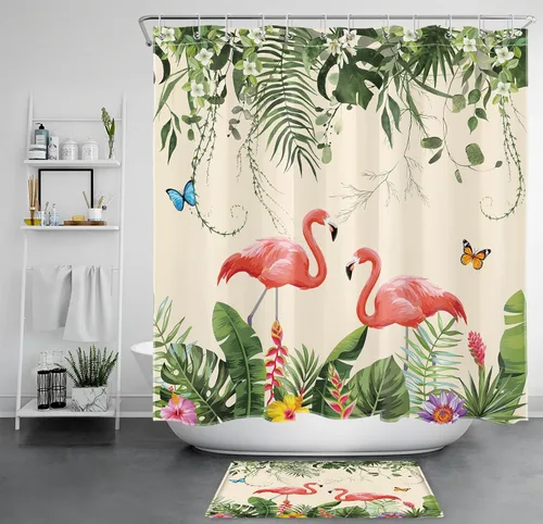 Miniatura 11 de EOBTAIN Cortina de ducha de hojas de plantas tropicales para baño, flamenco rosa y mariposa azul con hojas de palma en beige, cortina de ducha con 8