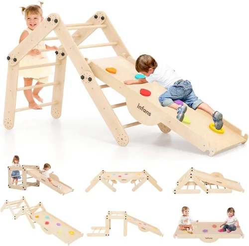 INFANS Juguetes de escalada 12 en 1 para niños pequeños, conjunto mejorado de escalador triangular plegable Montessori de madera con rampa