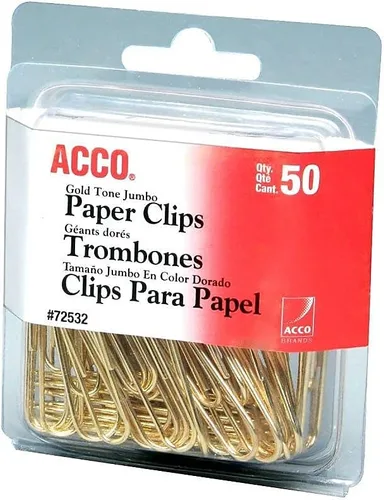 Miniatura 2 de Clips jumbo para papeles ACCO, tonalidad en oro, de acabado suave, alambre de acero, capacidad para 20 hojas, caja de 50 clips (A7072532)