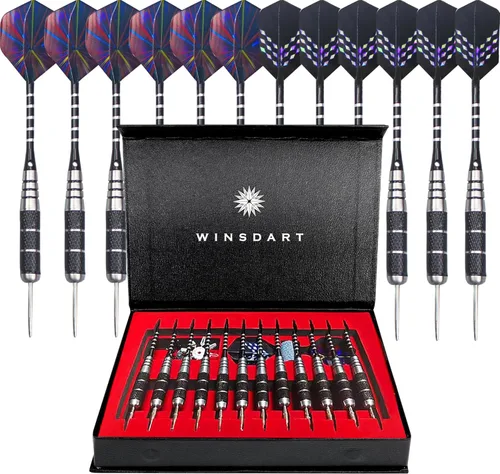 Miniatura 10 de WINSDART Steel Tip Darts 12 Pack Set with Nonslip Iron Barrel Aluminum Dart Shafts and Flights Darts Sharpener an Gift Box DARTS-B