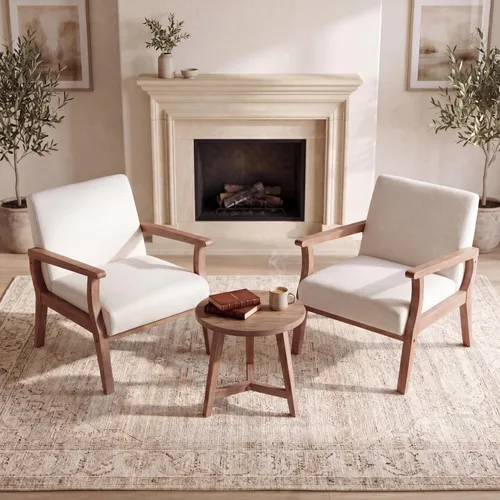 Miniatura 7 de Juego de 2 sillas decorativas beige, sillas modernas de mediados de siglo para sala de estar, dormitorio, sillón con marco de madera, silla auxiliar