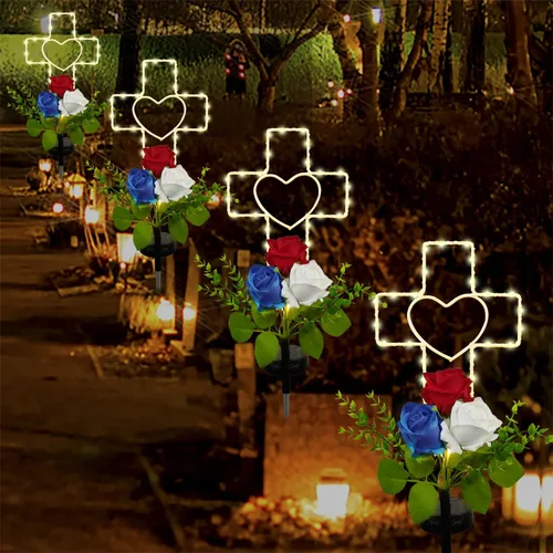 Miniatura 4 de Lmtocs Decoraciones solares para el Día de los Caídos, luces de cruz, decoraciones del 4 de julio, luces conmemorativas al aire libre, decoraciones