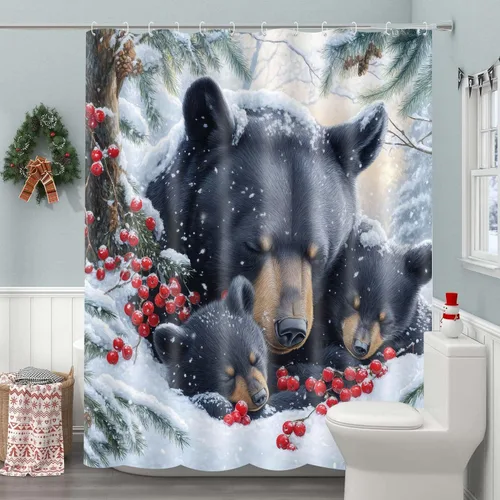 Miniatura 6 de Wathon Cortina de Ducha de Oso Negro de Invierno Escena Nevada Cortina de Baño con Osos Abrazándose Rodeados de Nieve y Bayas Rojas, Decoración