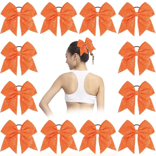 Miniatura 5 de Oaoleer 12 lazos grandes con purpurina para el pelo de 7 pulgadas, banda elástica hecha a mano para animadoras, adolescentes, niñas, deportes Negro