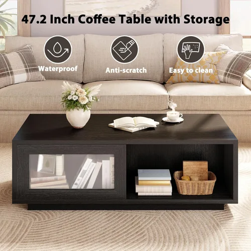 Miniatura 3 de HSH Mesa auxiliar negra para sala de estar, mesas de centro rectangulares de madera moderna de 47 pulgadas con puerta corredera y estante abierto