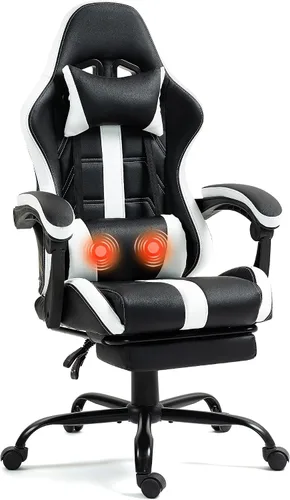 Miniatura 13 de Silla de masaje para juegos con reposapiés, silla ergonómica de PC con respaldo alto con reposacabezas y lumbar, silla giratoria de PU para Negro