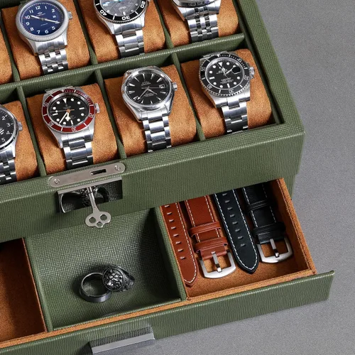 Miniatura 45 de ROTHWELL Caja de reloj de cuero de 10 ranuras con cajón de valet, organizador de exhibición de lujo con forro de microgamuza ultrasuave, soporte