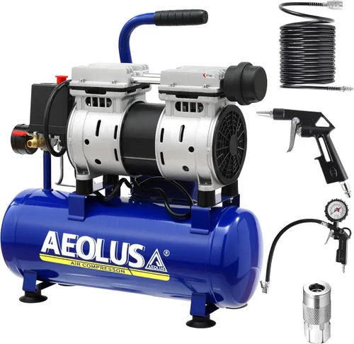 Compresor de Aire Ultra Silencioso, 65dB, Sin Aceite, Acopladores Rápidos, 115PSI, Eléctrico Portátil para Neumáticos de Coche y Bicicleta, Pistola