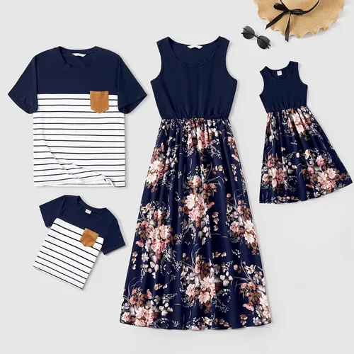 Miniatura 6 de PATPAT Conjuntos familiares a juego para mamá y yo, vestidos tropicales bohemios florales sin mangas, vestidos largos y camisetas a juego, Azul
