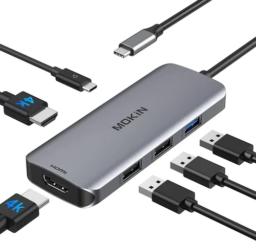 Estación de acoplamiento USB C a adaptador HDMI dual, MOKiN USB C Hub Dual HDMI Monitores para Windows, adaptador USB C con HDMI dual, 3 puertos 6