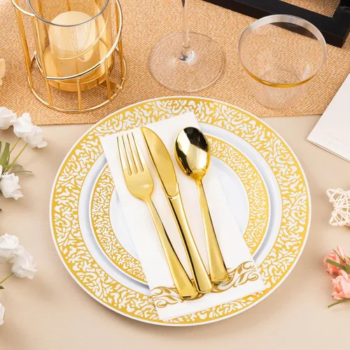 Miniatura 3 de Bestluck Juego de vajilla de plástico dorado de 700 piezas para 100 invitados, platos desechables para fiesta, incluye 100 platos de cena dorados