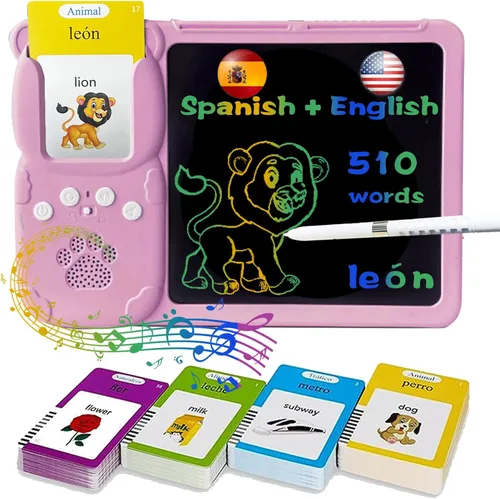 Tarjetas flash hablantes en inglés y español, tableta de escritura LCD de 8 pulgadas para niños de 3 a 12 años, 510 palabras visuales bilingües,