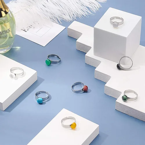 Miniatura 2 de PH PandaHall 50 piezas de 0.315 in de acero inoxidable ajustable anillos de dedo componentes tamaño 7 anillo redondo plano almohadilla anillo base