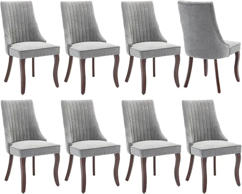 Miniatura 22 de Juego de 8 sillas de comedor, sillas de cocina con canales de lino con patas curvadas de madera maciza, silla de comedor tapizada de tela cómoda