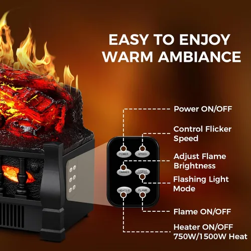 Miniatura 5 de Inserto de chimenea eléctrica de 21 pulgadas con juego de calentador de leños, calentador independiente con brillo de llama ajustable y velocidad