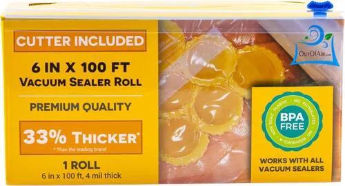 Rollo de bolsas selladoras al vacío Mega Roll y caja cortadora de 6 pulgadas x 100 pies (no más tijeras) 4 mil 100 pies OutOfAir, 33% más gruesas,