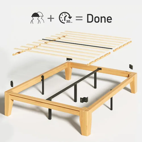 Miniatura 9 de Lifezone Marco de cama de plataforma de madera tamaño Queen, madera maciza de alta calidad, estructura resistente, patas de 3.78 pulgadas de grosor