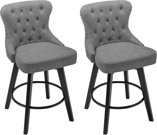 Miniatura 12 de Juego de 2 taburetes de bar giratorios de 360° con botón acolchonados, taburetes de bar tapizados de 26 pulgadas con patas de madera maciza