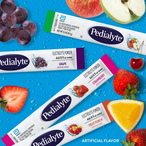 Miniatura 3 de Pedialyte Polvo de electrolitos Bebida de hidratación para niños y adultos Paquete variado: uva, ponche de fruta de fresa y manzana, 8 paquetes