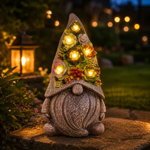Estatuas solares de jardín con suculentas y luces LED, estatuas de gnomos de jardín para patio, exterior, patio, balcón, jardinería, inauguración de