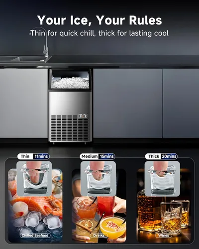Miniatura 3 de Máquina de hielo comercial, 100 libras/día, 45 cubos en 11 minutos, máquina de hielo debajo del mostrador con almacenamiento de 33 libras, plateado