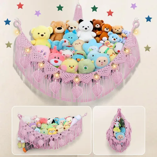 Miniatura 11 de Hamaca para Animales de Peluche de Esquina - 142 cm Jumbo Hecha a Mano de 5mm de Doble Cordón de Macramé para Almacenamiento de Animales de Peluche
