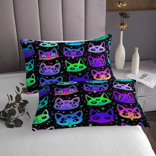 Miniatura 5 de Erosebridal Juego de ropa de cama de gatos de Halloween, lindo juego de cama espeluznante con diseño de gatito neón degradado, juego de colcha