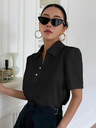 Miniatura 3 de Verdusa Camiseta de manga corta abombada con cuello para mujer, camiseta acanalada sólida