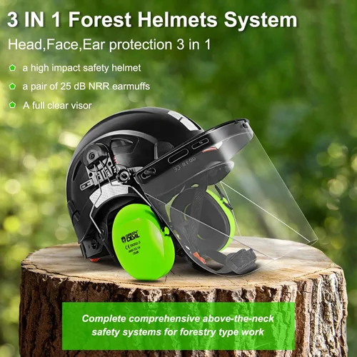 Miniatura 2 de Casco de Seguridad Forestal para Motosierra con Visera Completa de Policarbonato Transparente y Orejeras 3 en 1 Casco Duro Forestal
