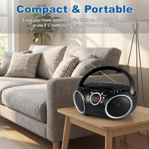 Miniatura 5 de SINGING WOOD 030C Reproductor de CD portátil Boombox AM FM Radio de sintonización analógica, línea auxiliar, conector para auriculares, asa