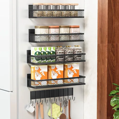 Miniatura 8 de Estante magnético para especias para refrigerador, paquete de 3 estantes magnéticos para refrigerador, cesta magnética móvil se utiliza para Negro