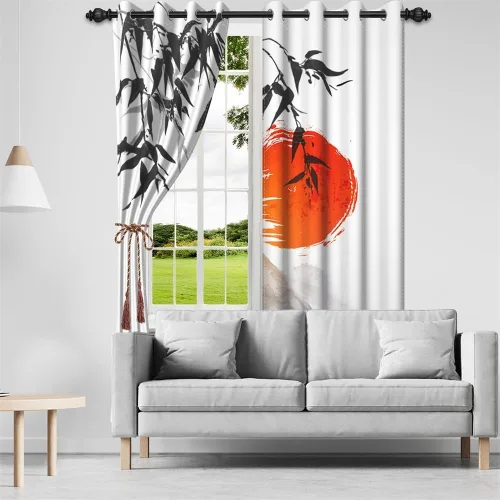 Miniatura 175 de Cortinas japonesas con pintura de tinta, monte Fuji, sol rojo, puesta de sol, hojas de bambú, cortinas de ventana para dormitorio, sala de estar