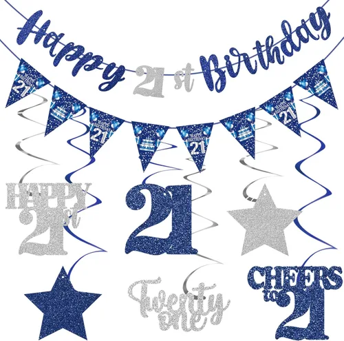 Miniatura 17 de Decoración de cumpleaños número 18 azul y plateado para niños y niñas, pancarta de feliz cumpleaños 18 con estrellas de dieciocho años de edad