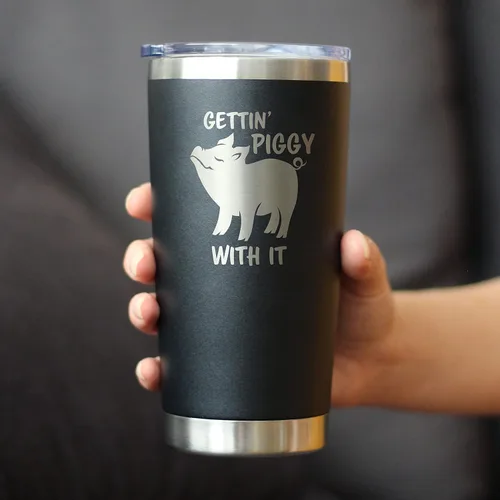 Miniatura 3 de Gettin Piggy - Vaso de café aislado con tapa deslizante, taza aislada de acero inoxidable, regalos de café con temas de cerdo, color negro