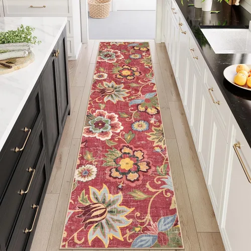 Miniatura 73 de Beeiva Alfombras florales de entrada, lavables para interiores, ultra fina, de 2 x 3 pies, antideslizante, para cocina, tapete de cachemira suave