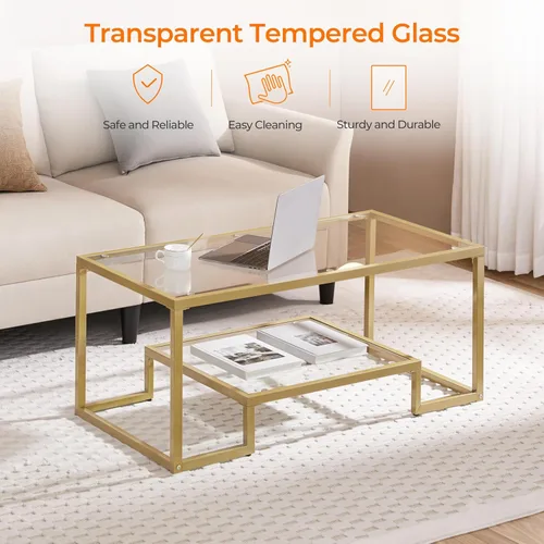 Miniatura 5 de Yaheetech Mesa de Café Dorada, Mesa de Centro de Vidrio Rectangular de 42" para Sala de Estar, Mesas de Té de 2 Niveles con Marco de Metal