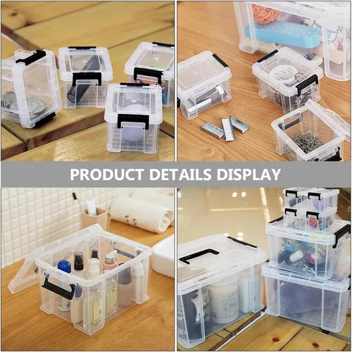 Miniatura 6 de Zerodeko Mini cajas de almacenamiento transparentes con asas, paquete de 5 recipientes pequeños transparentes para la oficina en casa, organización