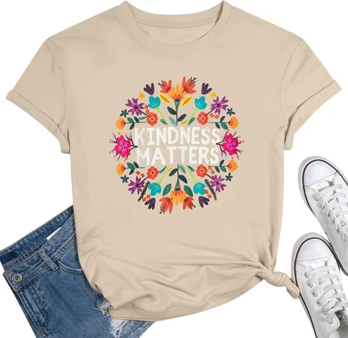 Camisetas de profesor para mujer, camiseta con texto en inglés "Be Kindness", camisetas de salud mental, camiseta bohemia con gráficos florales