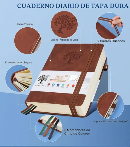 Miniatura 3 de PERCUN - Cuaderno rayado A5 de cuero, 365 páginas para mujer/hombre, tapa dura, páginas gruesas de 100Gsm, para viajes, trabajo, escuela, toma
