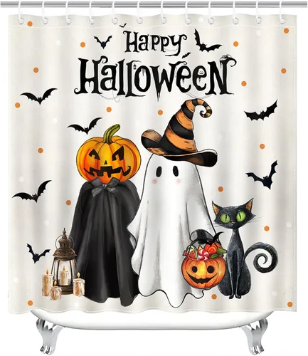 Miniatura 8 de Mocsicka Juego de cortinas de ducha de Halloween para baño, 4 piezas, fantasma, gato, calabaza, juegos de baño con alfombras antideslizantes