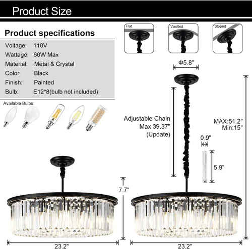Miniatura 2 de Candelabro de cristal negro de 23 pulgadas, 8 luces, moderno colgante de cristal, lámpara de techo, 2 anillos, candelabros de lujo, para comedor, 2