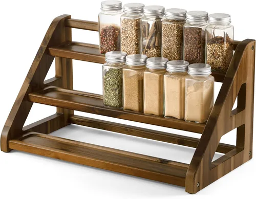 Miniatura 7 de Tinamo Estante de especias de madera de acacia para encimera, bandeja de madera con capacidad para 24 frascos, organizador de especias para estante