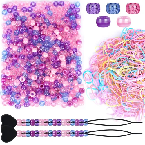 Miniatura 9 de Kit de 1605 trenzas de cabello que incluye 600 cuentas de pony con purpurina de 0.354x0.236 in, 1000 bandas elásticas de goma y 5 cuentas rápidas