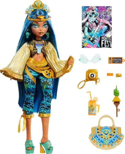 Miniatura 5 de Monster High Muñeca Monster Fest, Cleo De Nile con atuendo glamoroso y accesorios temáticos de festivales como aperitivos, póster de banda, bolsa
