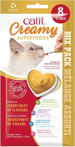 Catit Creamy Superfood Lickable Cat Treat - Golosina hidratante y saludable para gatos de todas las edades, surtido, paquete de 8