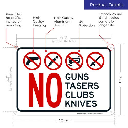 Miniatura 3 de Letrero de No Guns No Tasers No Clubs No Knives de 10 x 7 pulgadas, libre de óxido, aluminio 040, resistente a la decoloración, fabricado en Estados