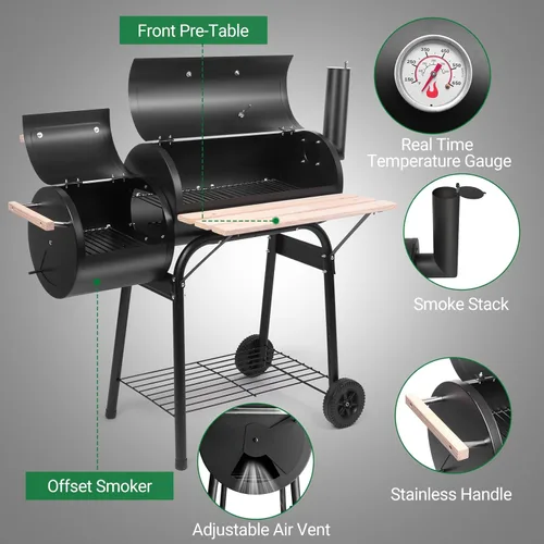 Miniatura 2 de Outvita Parrilla de carbón y ahumador offset, cocina de barbacoa de patio al aire libre con ruedas, horno portátil para barbacoa en el patio trasero
