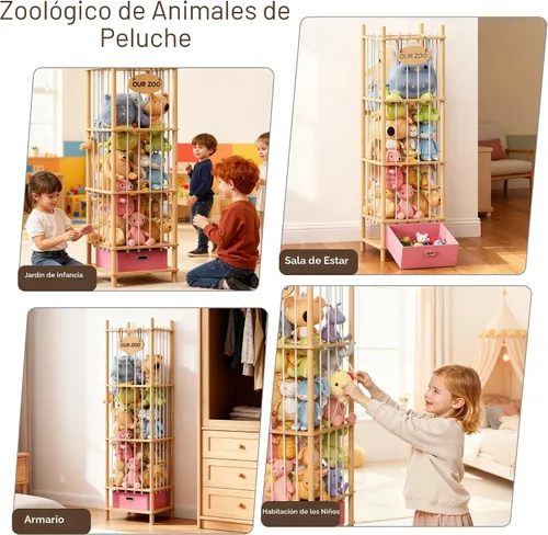 Miniatura 8 de Brelley Organizador de almacenamiento de juguetes de madera para animales de peluche con cajón, cofre grande para juguetes con animal de peluche