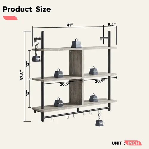 Miniatura 2 de Bestier Estantes Flotantes de Cocina de 41" Montados en Pared de 3 Niveles Barra de Café Estante para Tazas Colgante con 8 Ganchos Exhibidor