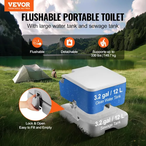 Miniatura 2 de VEVOR Inodoro portátil para camping y viajes en RV, inodoro de casete con 3.2 galones, descarga presurizada con botón pulsador, sellado a prueba